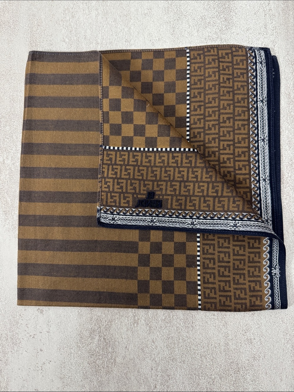 Fendi Brown & Dark Brown Checkerboard cotton Scarf with Navy Trim - Picture 3 of 3